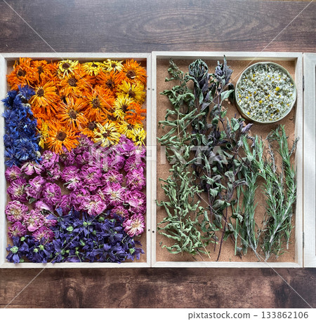 Lots of tinctures, dried herb leaves and flowers 133862106