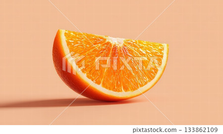 Bright Orange Slice On Peach Background, Vibrant Fresh Citrus Fruit For Healthy Snack Photography Studio Shot 133862109