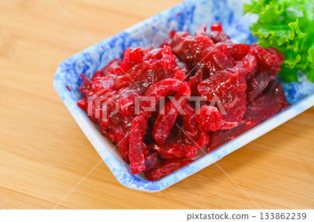 Whale sashimi for Yukhoe (thinly sliced) Whale sashimi for Yukhoe (thinly sliced) 133862239