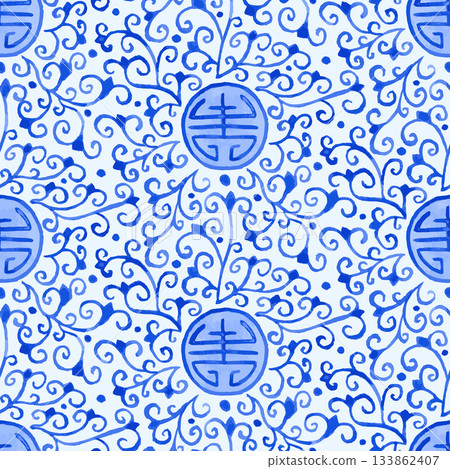 Monochrome blue and white porcelain watercolor style chinoiserie seamless pattern with Chinese traditional longevity symbol 133862407
