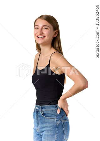 Laughing Slavic woman in joyful studio portrait Laughing Slavic woman in joyful studio portrait 133862459