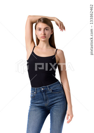 Slavic beauty in black top posing confidently 133862462