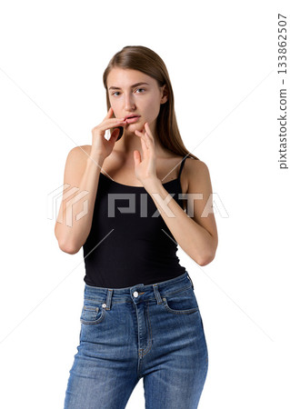 Slavic beauty in black top posing confidently 133862507