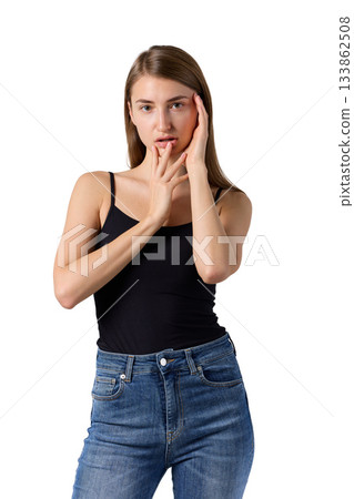 Slavic beauty in black top posing confidently Slavic beauty in black top posing confidently 133862508