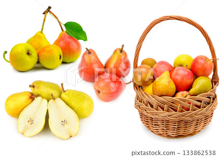 Fresh Ripe Pears and Apples Collage with Woven Basket 133862538