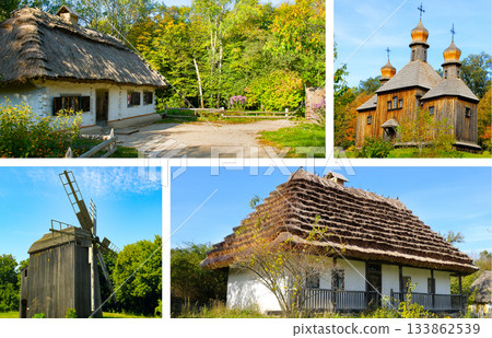 Traditional Ukrainian Village Life: Houses, Windmill, and Wooden Church Collage Traditional Ukrainian Village Life: Houses, Windmill, and Wooden Church Collage 133862539