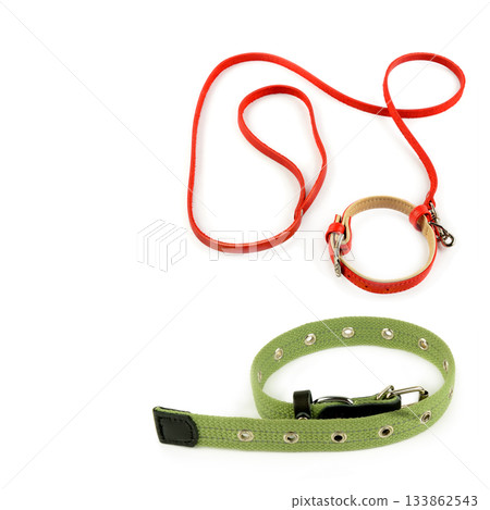Red Leather Leash and Collars for Pet Dogs on White Background 133862543
