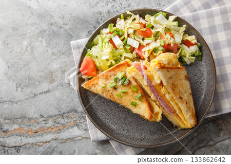 One-Pan Egg Sandwich brings together buttery toast, crisp-edged eggs, ham and gooey melted cheese closeup on the plate. Horizontal top view One-Pan Egg Sandwich brings together buttery toast, crisp-edged eggs, ham and gooey melted cheese closeup on the plate. Horizontal top view 133862642