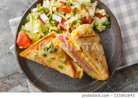 Homemade Breakfast Egg Sandwich Hack with ham and cheese closeup on the plate. Horizontal top view 133862643