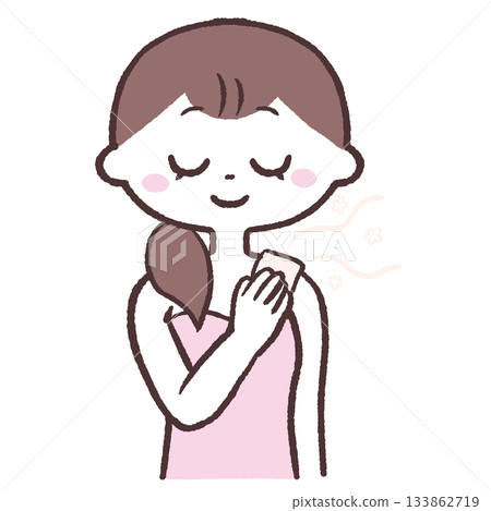 圖解:一名女子正在用熱敷肩部 圖解:一名女子正在用熱敷肩部 133862719