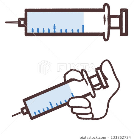 Illustration of a syringe and a hand holding a syringe 133862724
