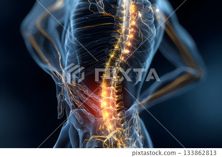 The human spine shows pain with glowing nerves and bones. 133862813