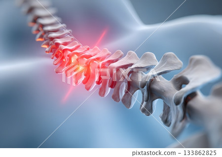 Spinal vertebrae showing inflammation and pain radiating from the center section. 133862825
