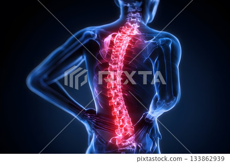 Human spine with highlighted pain shows body ache and discomfort. 133862939