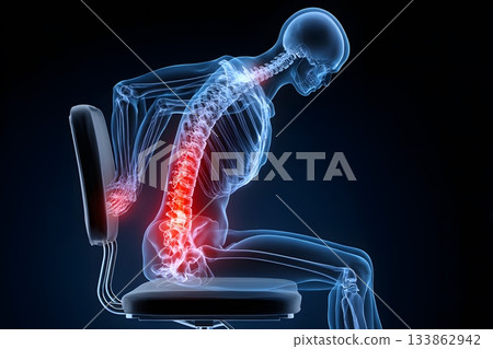 Skeleton sitting uncomfortably experiencing back pain and neck strain. 133862942