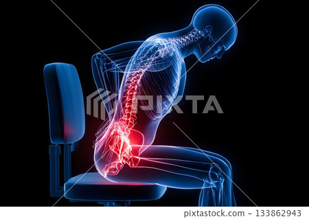 Anatomical figure showing back pain while sitting in a chair 133862943