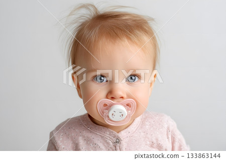 Baby looking directly with a pacifier. Baby looking directly with a pacifier. 133863144
