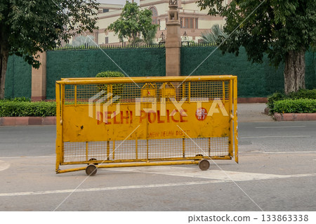 India, Police Barrier in a New Delhi Street 133863338