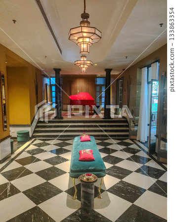 India, the lobby of the Narendra Bhawan Bikaner, a luxury hotel located in Bikaner. India, the lobby of the Narendra Bhawan Bikaner, a luxury hotel located in Bikaner. 133863354