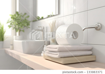 A fresh roll of toilet paper sits upon soft white towels on a wooden shelf in a clean bathroom. 133863371