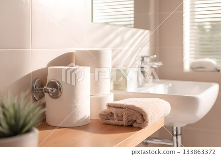 White toilet paper rolls stacked neatly on a shelf next to a folded towel. 133863372