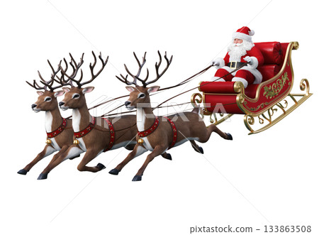 Santa Claus joyfully rides a sleigh pulled by reindeer during the holiday season 133863508