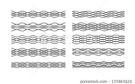 Abstract black wavy ribbon line border set with repeating intertwined wave patterns for minimalist decorative divider design on white background 133863828