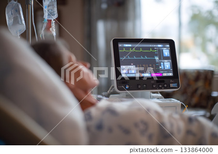Patient rests near doctor's medical monitor displaying heart rhythm data. 133864000