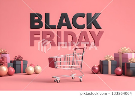 Shopping cart and gifts on Black Friday sale event day. 133864064