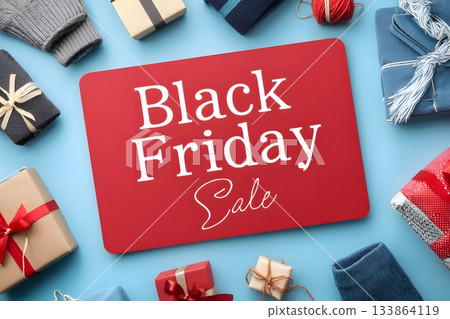 Black Friday sale presents gifts around a red sign. 133864119