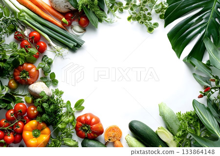 Fresh vegan vegetables and herbs arranged in a border. 133864148
