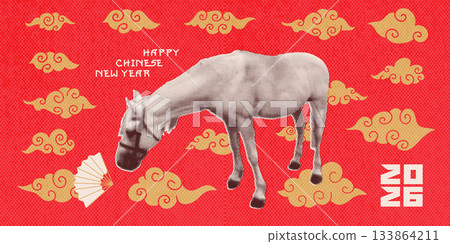 Mixed media vibrant halftone collage featuring paper horse, symbolizing the Chinese New Year 2026, against a festive golden oriental clouds backdrop. Vector Mixed media vibrant halftone collage featuring paper horse, symbolizing the Chinese New Year 2026, against a festive golden oriental clouds backdrop. Vector 133864211