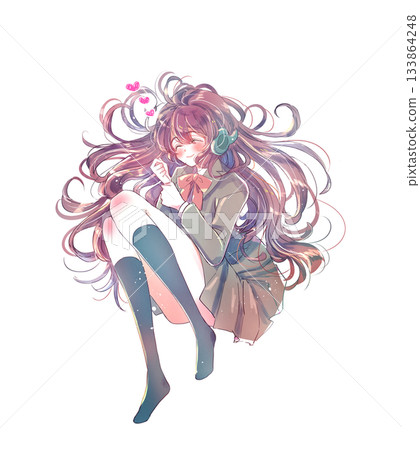 Lying female student, headphones, likes, smiles 133864248