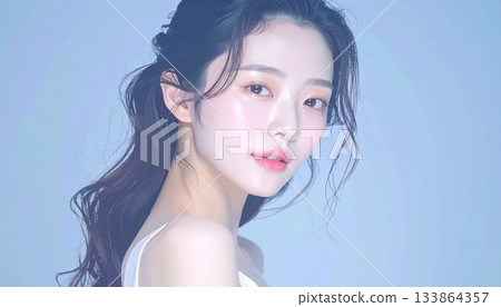 一位年輕日本女性的肖像，她擁有白皙清透的肌膚和自然的妝容。 133864357