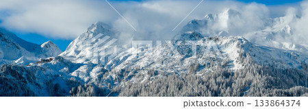 Panoramic photography of snowy alpine peaks in Austria with a glacier Hintertux rising through morning mist. Blue sky, sunlight, and conifer forests in the foreground create a peaceful winter Panoramic photography of snowy alpine peaks in Austria with a glacier Hintertux rising through morning mist. Blue sky, sunlight, and conifer forests in the foreground create a peaceful winter 133864374