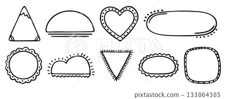 Black line frames hand drawn vector doodle set. Monochrome outline and dotted empty shapes, place holder, text box, sale form. Triangle, sun, heart, oval, circle, clouds, square Black line frames hand drawn vector doodle set. Monochrome outline and dotted empty shapes, place holder, text box, sale form. Triangle, sun, heart, oval, circle, clouds, square 133864385