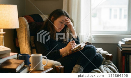 young woman journaling in cozy armchair for mental self care young woman journaling in cozy armchair for mental self care 133864396