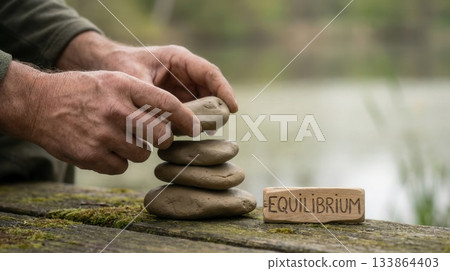 hands stacking stones beside equilibrium sign for life balance hands stacking stones beside equilibrium sign for life balance 133864403
