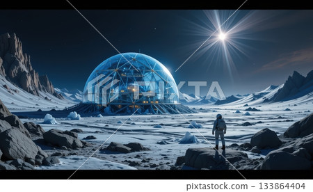 Isolated Biodome Colony on a Distant Frozen Planet with Astronaut Isolated Biodome Colony on a Distant Frozen Planet with Astronaut 133864404