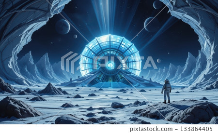 Astronaut Approaching a Luminous Alien Portal in an Ice Cavern Astronaut Approaching a Luminous Alien Portal in an Ice Cavern 133864405