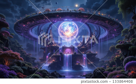 Magnificent Illuminated Alien Temple Structure with Central Energy Orb Magnificent Illuminated Alien Temple Structure with Central Energy Orb 133864408