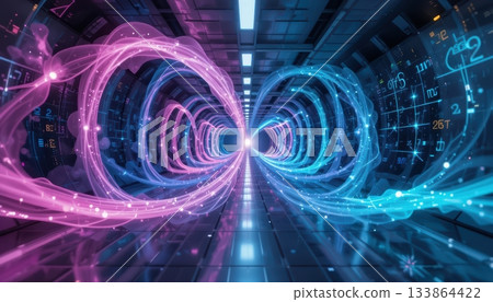 Intertwining Neon Light Streams Creating an Infinity Symbol Through a Futuristic Corridor 133864422