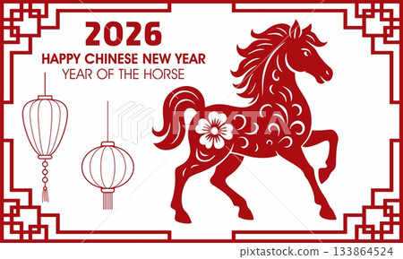 Chinese New Year 2026 Celebration, Red Decorative Illustration of the Year of the Horse 133864524
