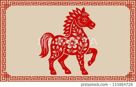 Traditional Chinese paper cut illustration of the Horse zodiac. 133864726