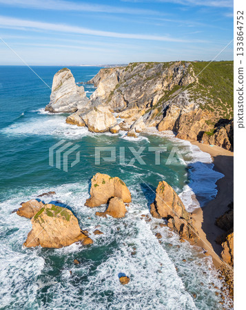 Cabo da Roca, Ursa Beach, Cliffs and Atlantic Ocean Waves on Sunny Day. Aerial View. Portugal 133864752