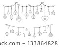 Christmas garland hanging balls set, stars snowflakes sketch elements decorating for the Christmas and New Year. Design element, winter border, header  133864828