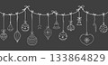 Christmas garland hanging balls, stars snowflakes sketch elements decorating for the Christmas and New Year chalk on blackboard. Design element, winter border, header  133864829