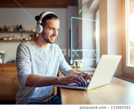 Smiling Caucasian Man Working with Futuristic AI Hologram Interface in Cafe 133865581