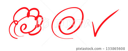 Handwritten flower circle, double circle, and check mark icons 133865608