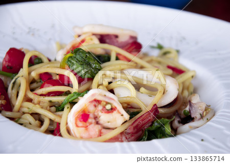 Thai street food style seafood spaghetti 133865714
